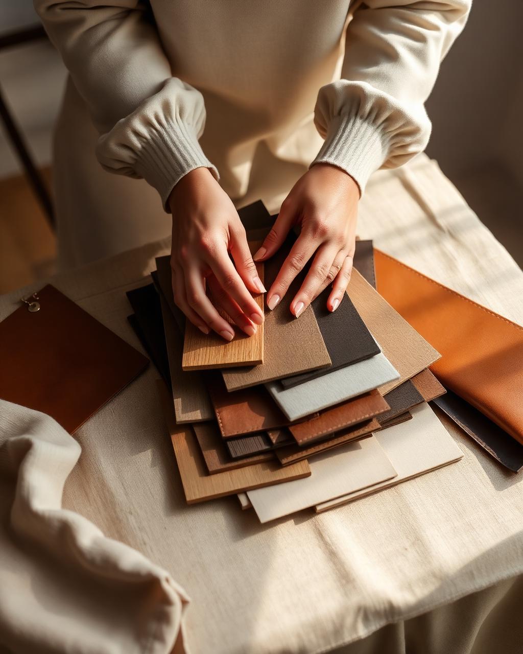A designer arranging wood, leather and fabric swatches