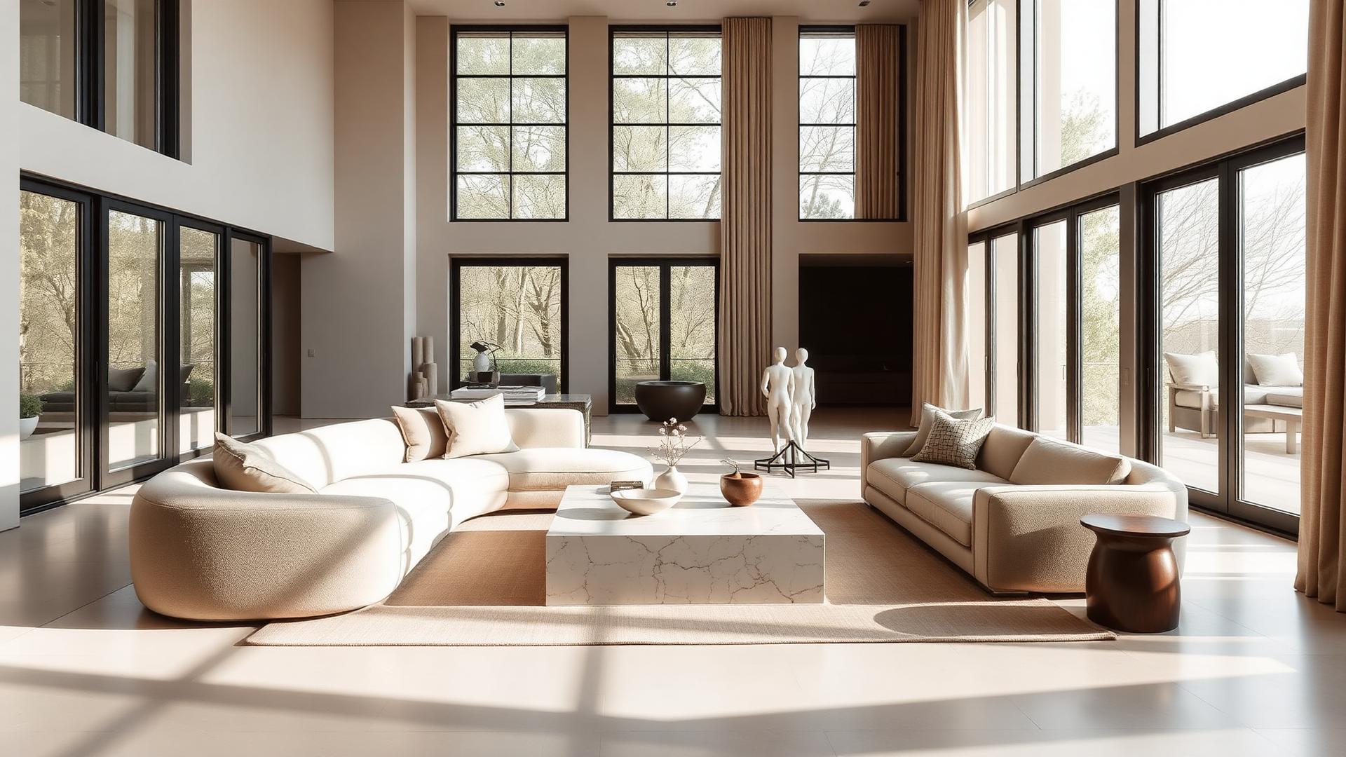 Sunlit luxury living room with a sculptural curved sofa and travertine table