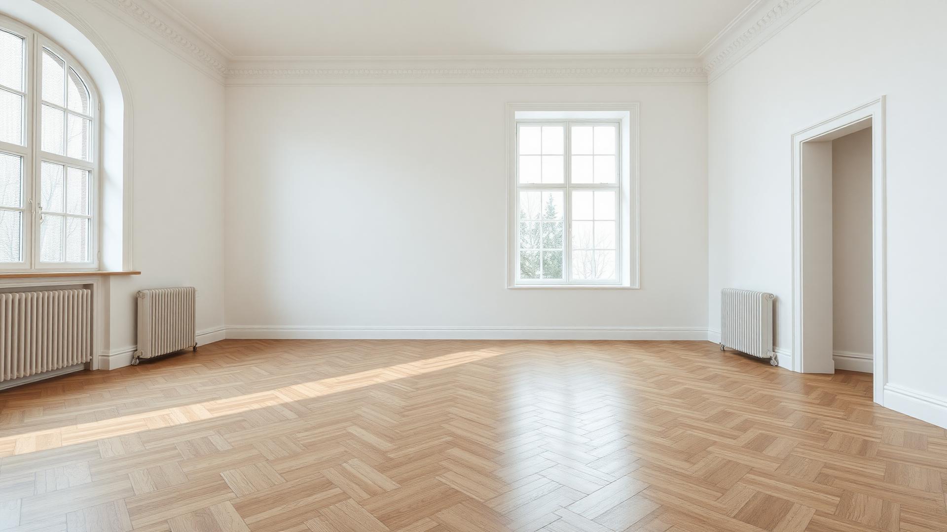 An empty room with herringbone floors and soft daylight