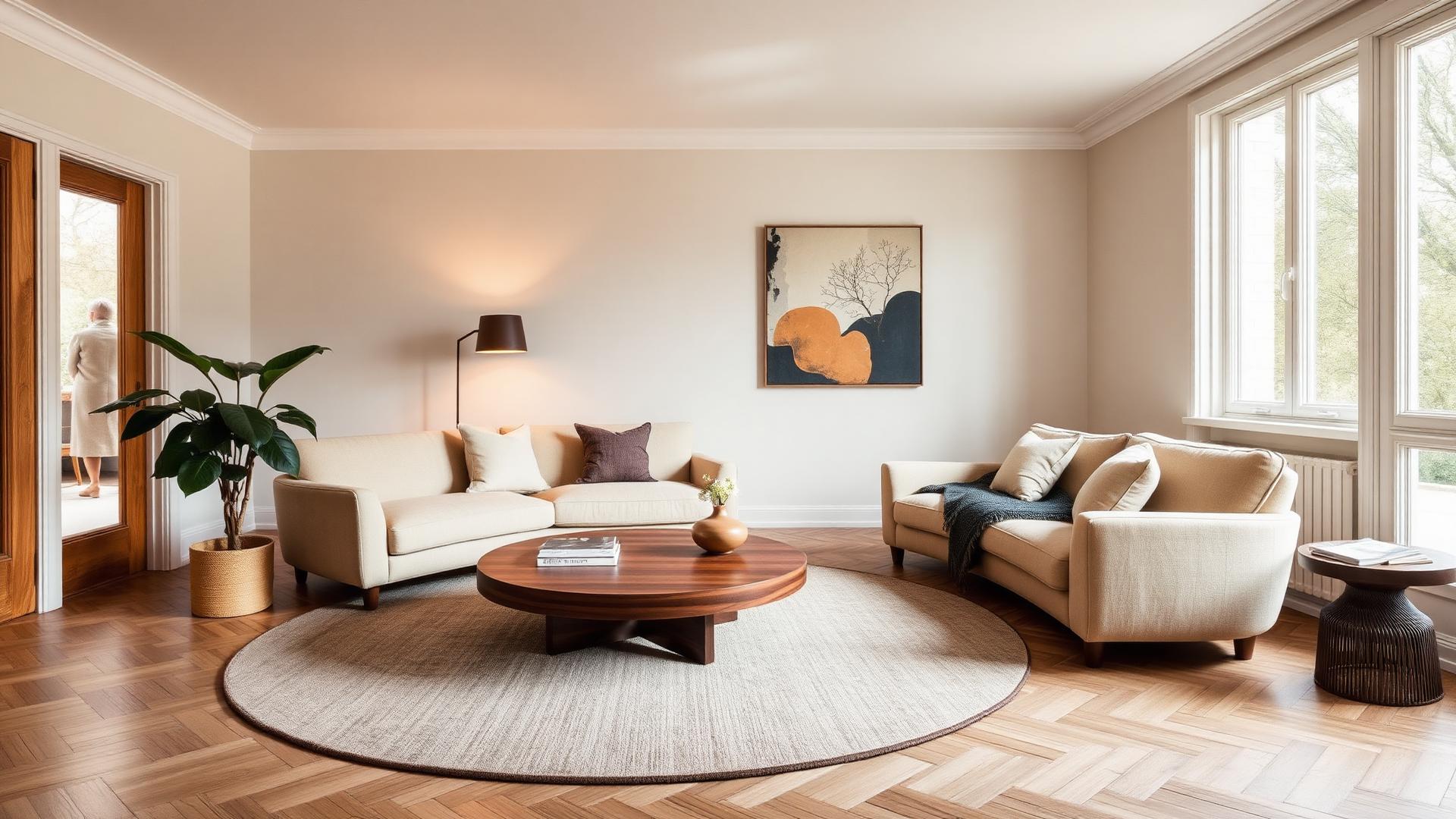 The same room fully furnished with a sofa, coffee table and plants